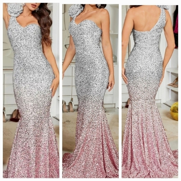 White, Assymmetrical Neck,  Sleeveless,Strapless,Gradient Sequined Merma… - Picture 2 of 16